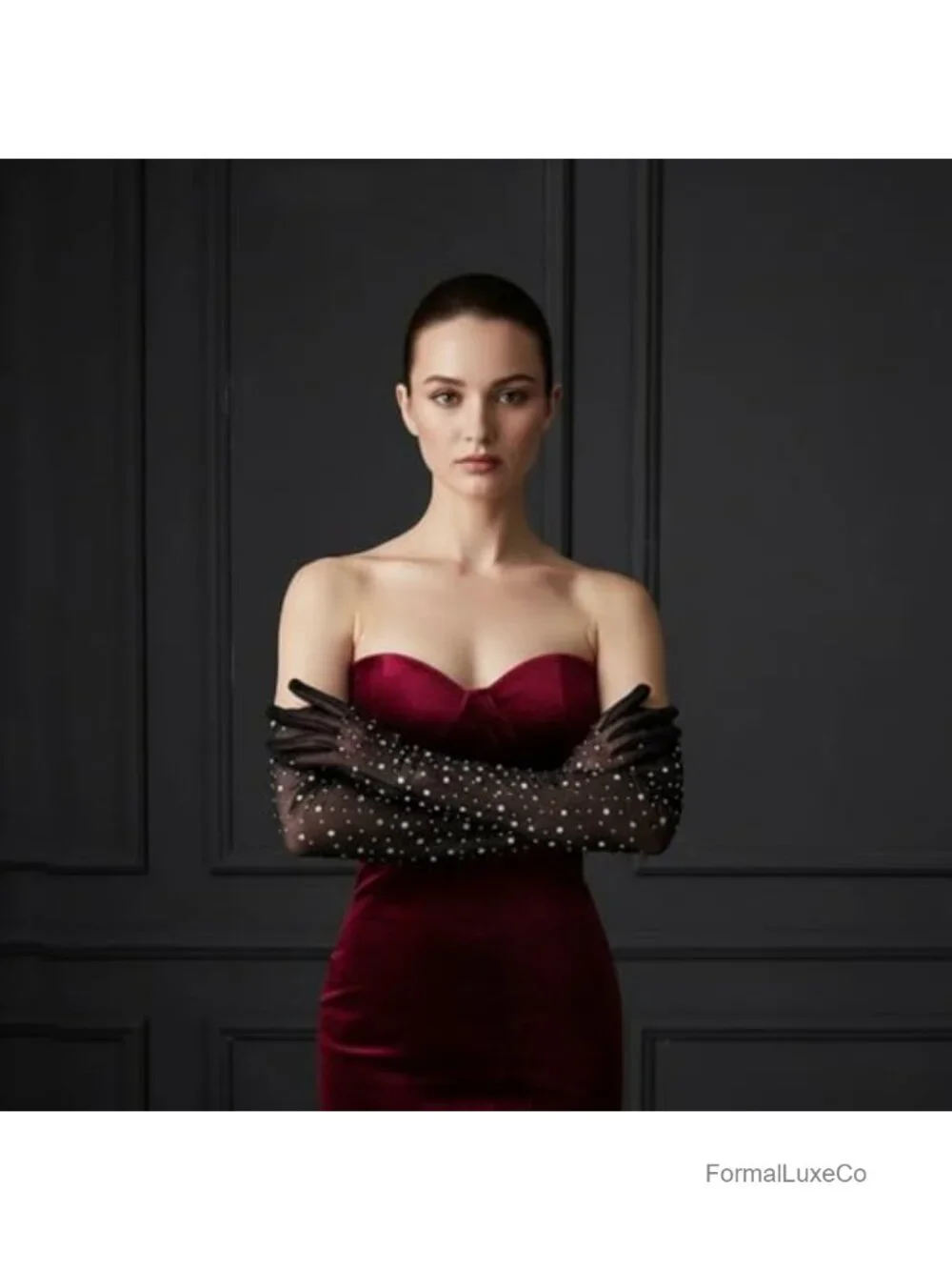 Elbow-Length Sheer Mesh Gloves with Rhinestones, 52cm Formal Gloves for Women